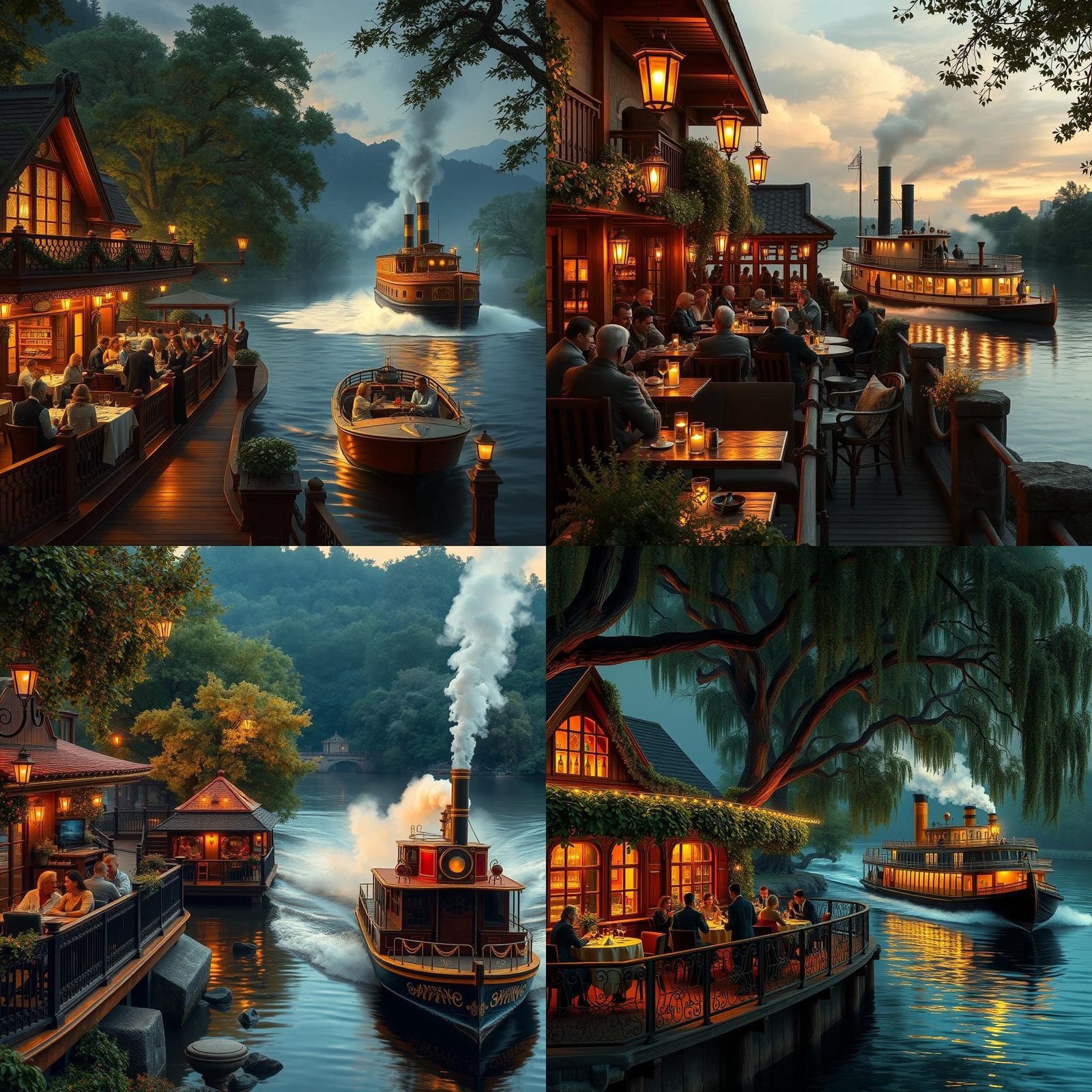 Riverside Restaurant with Steamboat in Kinkade Style