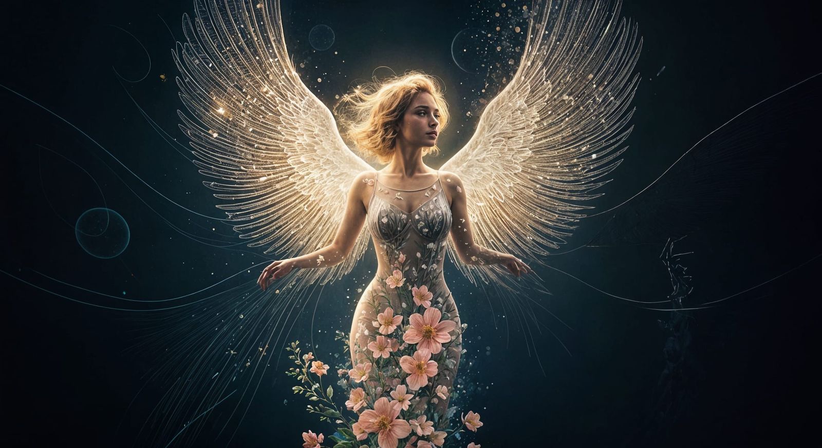 Abstract Art Deco Woman with Wings in Whimsical Bloom