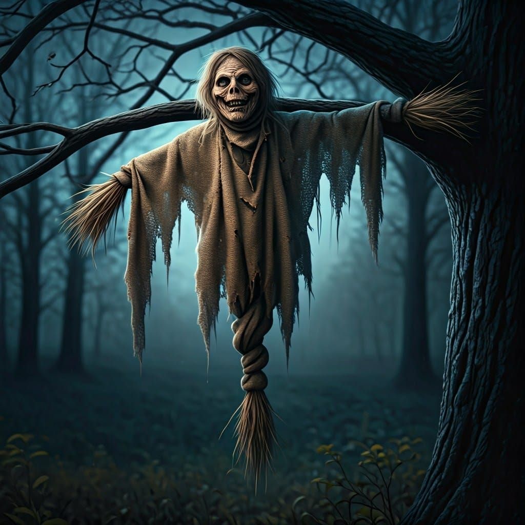 Creepy Scarecrow Monster Dangling from Tree