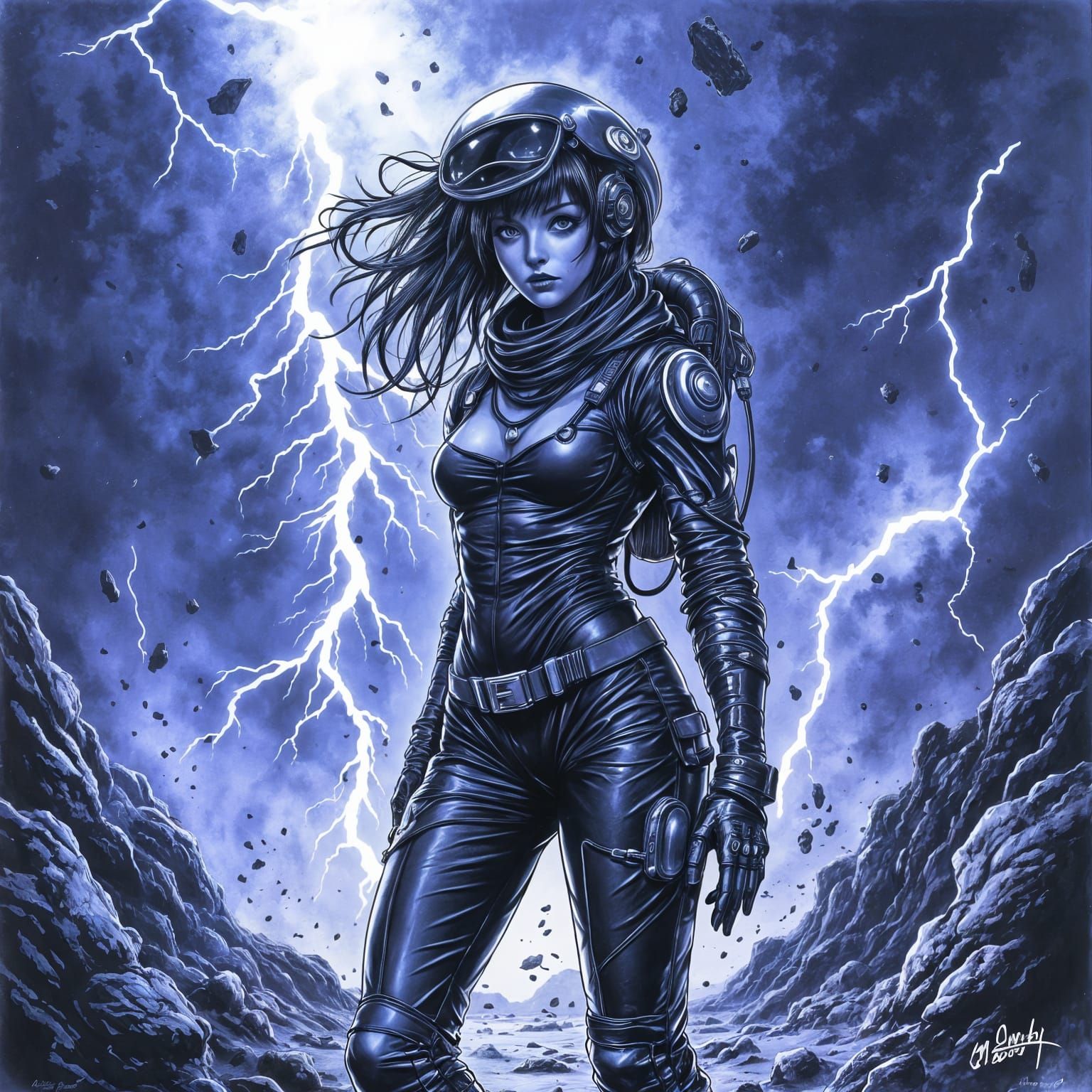 Electric Current Goddess in Hyperdetailed Charcoal Drawing