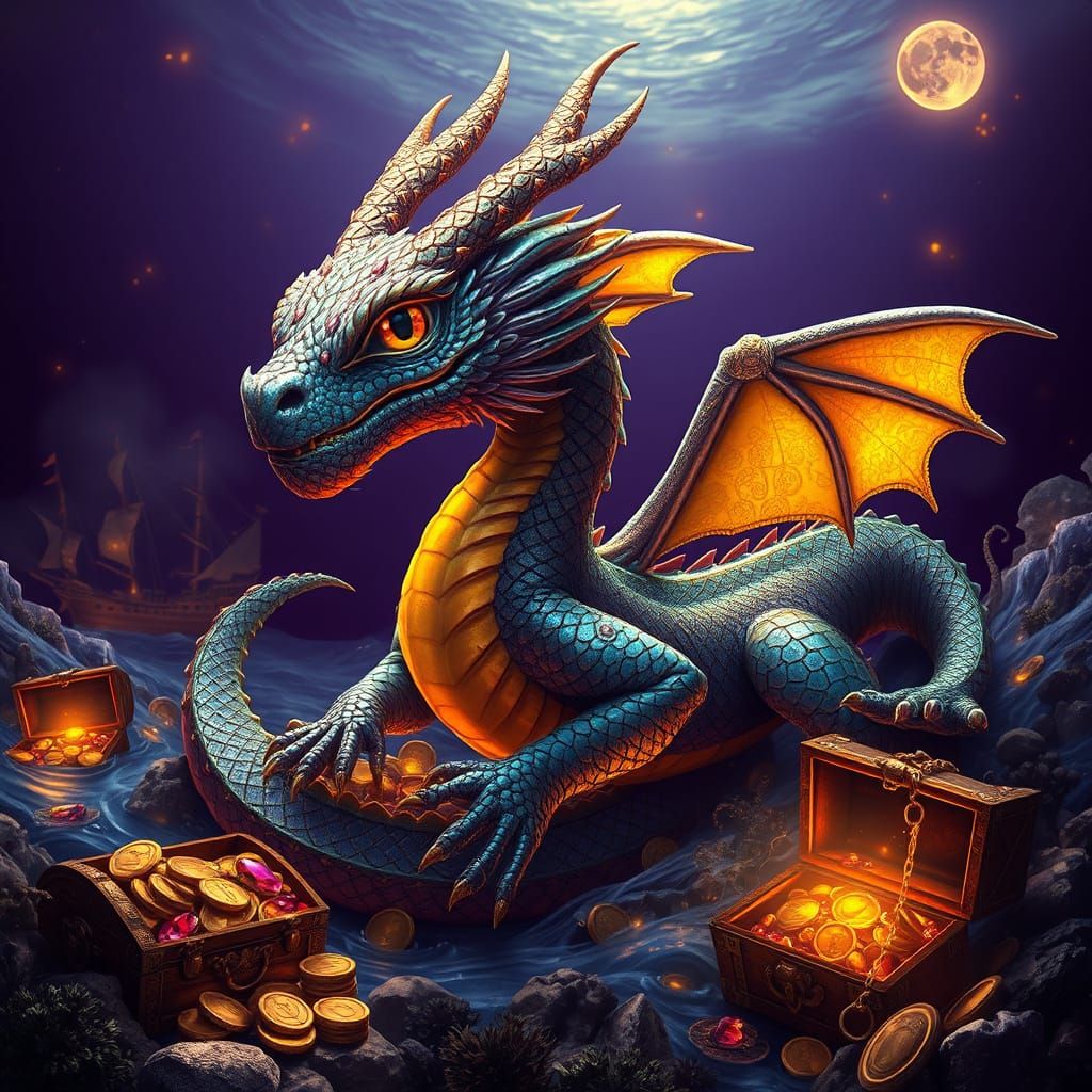 Mystical Water Dragon Amidst Sunken Treasure in a Dark Fanta...