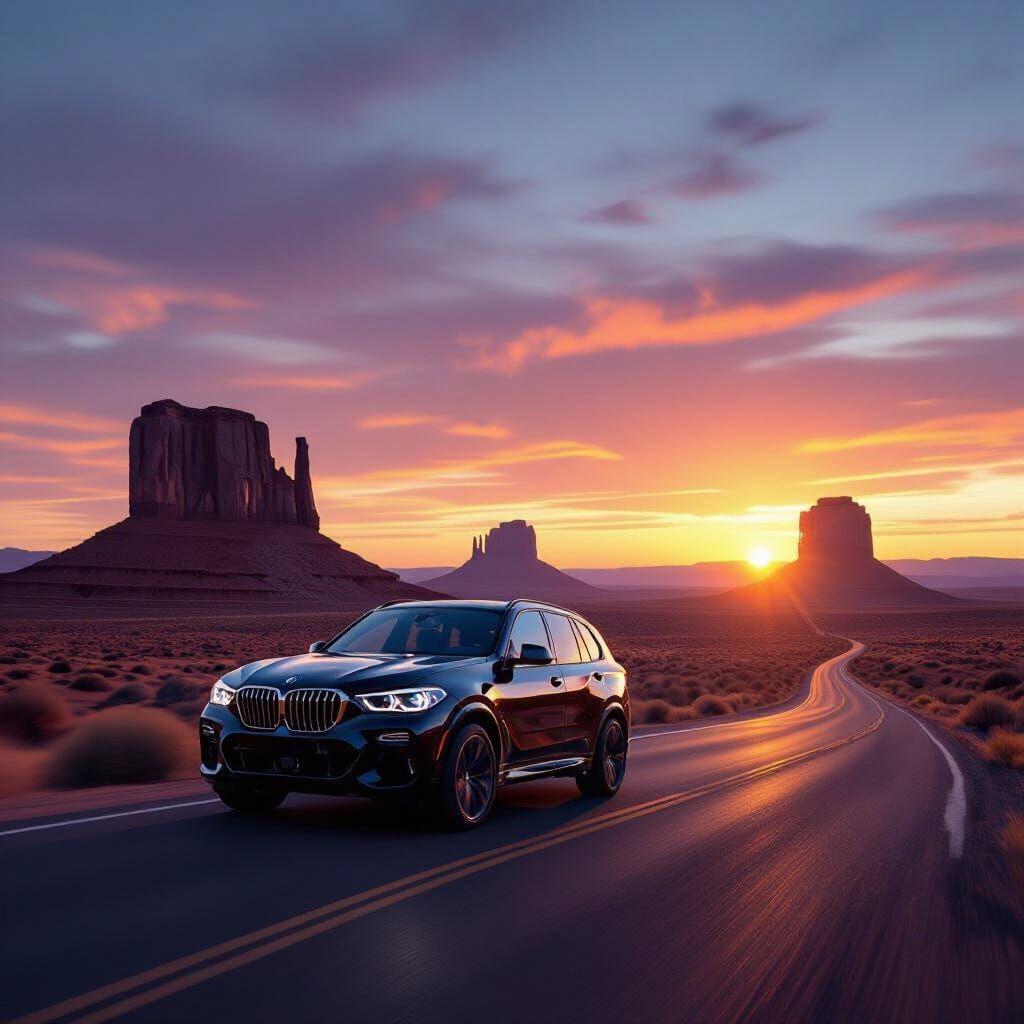 Black BMW X5 Drives Uphill at Monument Valley Sunset