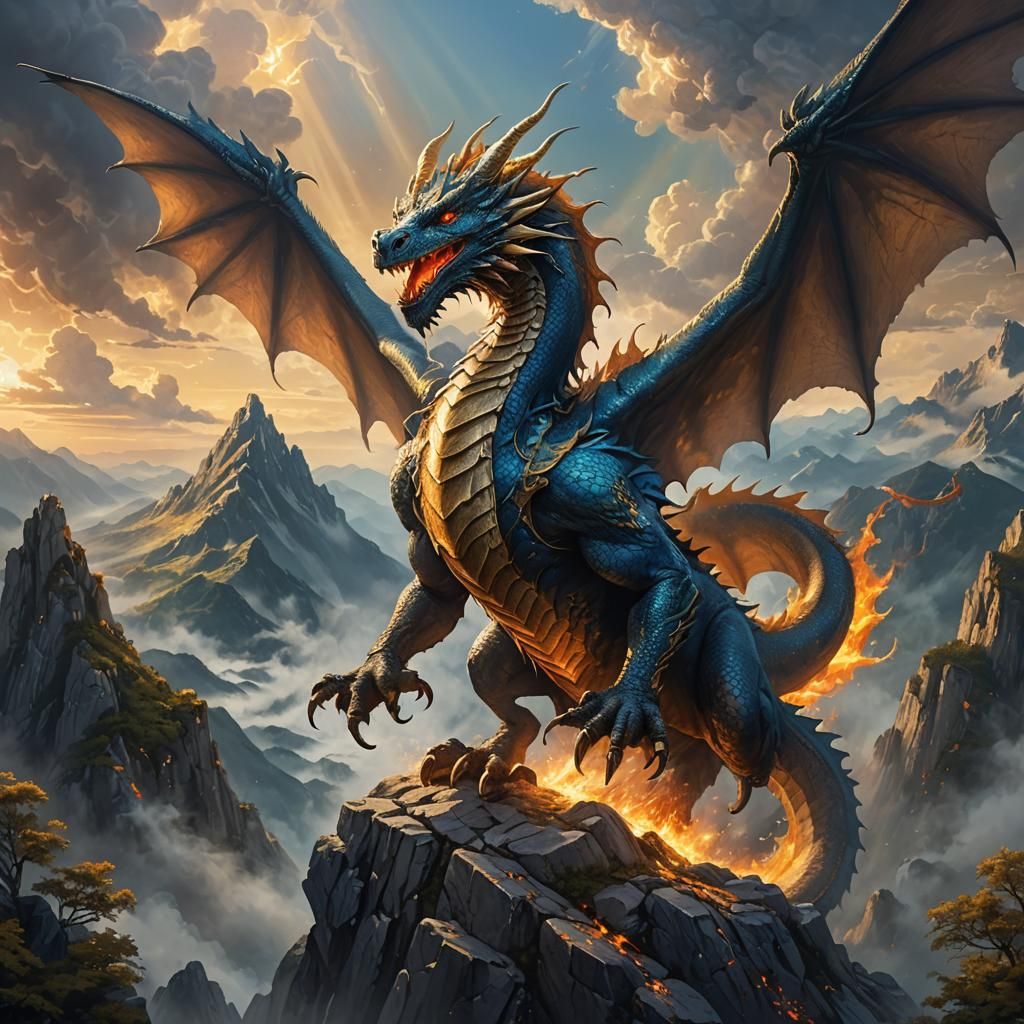 Epic Dragon Perched on Misty Mountain in Art Nouveau Style