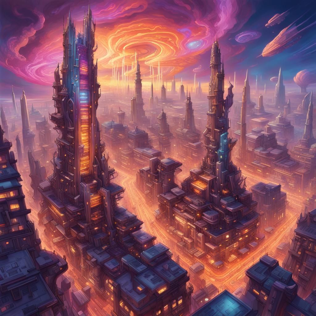 Futuristic Cityscape with Swirling Sky: Matte Painting