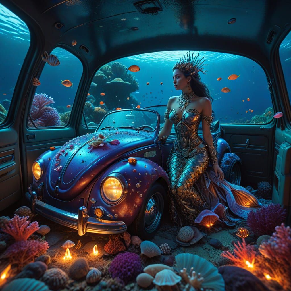 Sunken VW Beetle on Coral Reef with Mermaid
