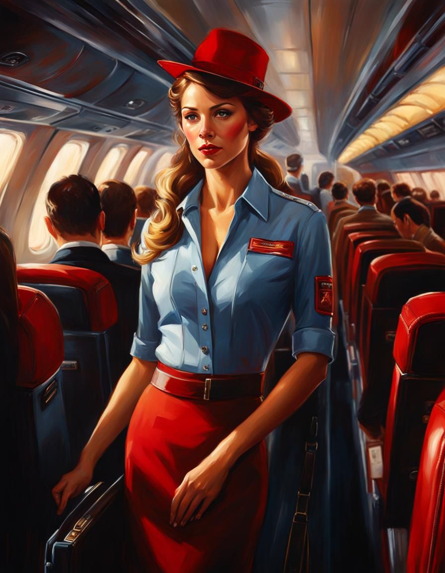Elegant Stewardess Helping Passengers in Hyperrealistic Pain...