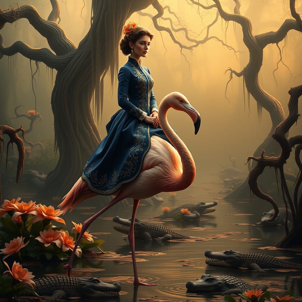 Victorian Woman Seated on a Flamingo Amidst a Misty Swamp