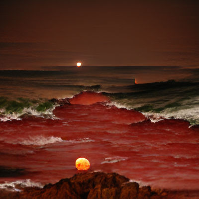 Blood Moon Rising Over a Calm Ocean