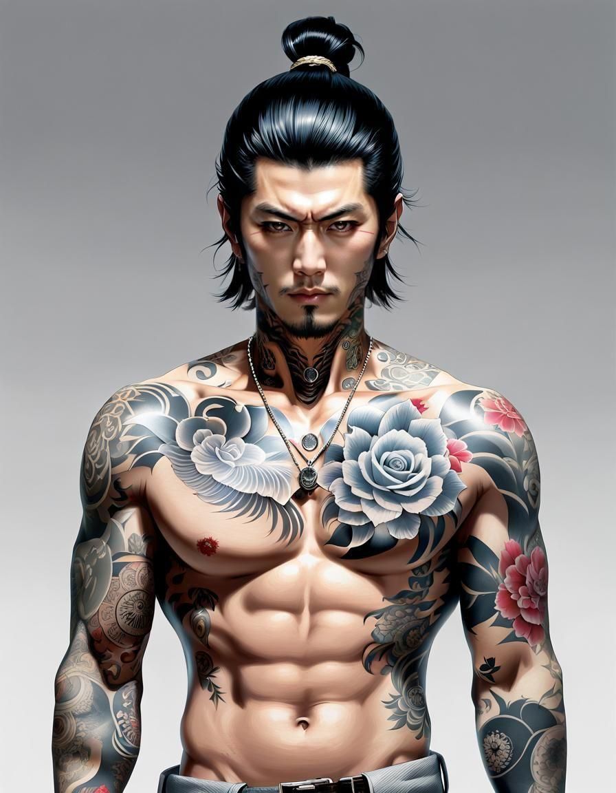 Yakuza Portrait with Tattoos in Photorealistic Style