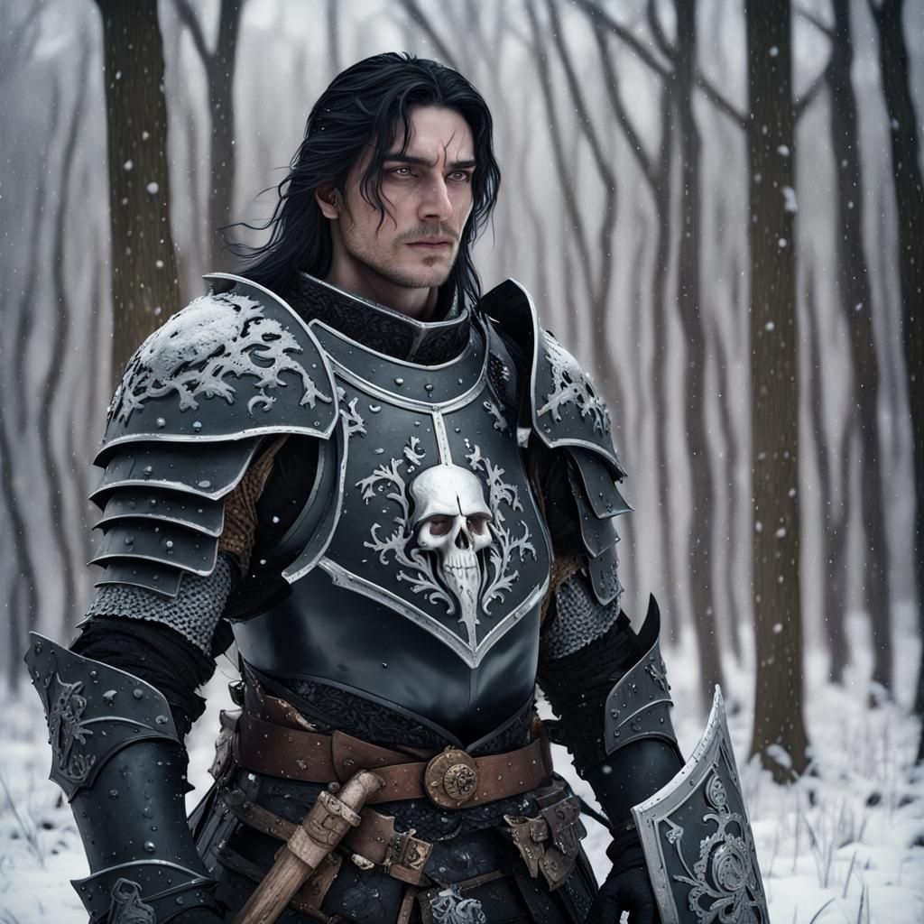 Knight in Blizzard with Skull and Rose Shield