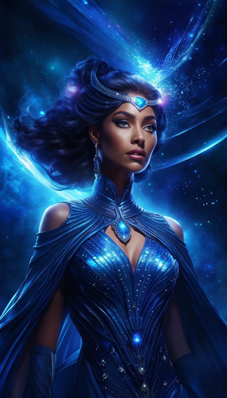 Ethereal Glittering Woman with Blue Power in Space