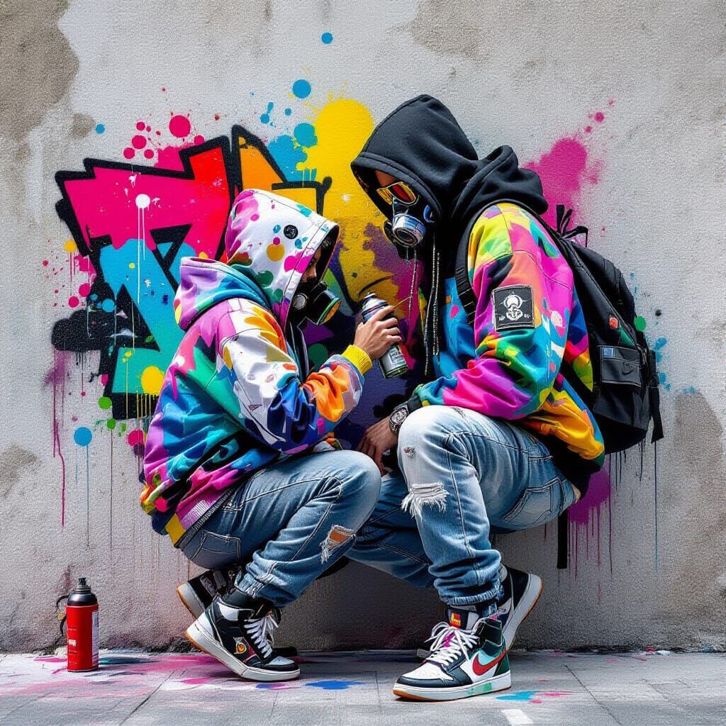 Vibrant Street Artist Spray Painting Graffiti in Airbrush St...