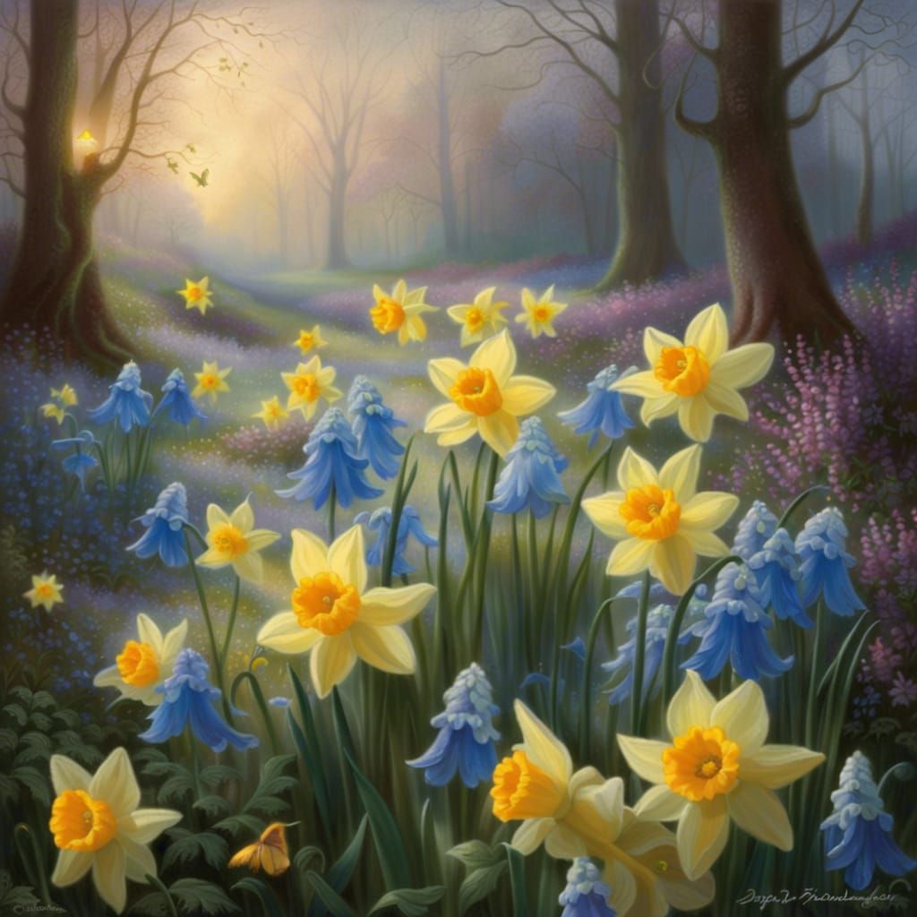 English Spring: Bluebells, Daffodils, and Butterflies