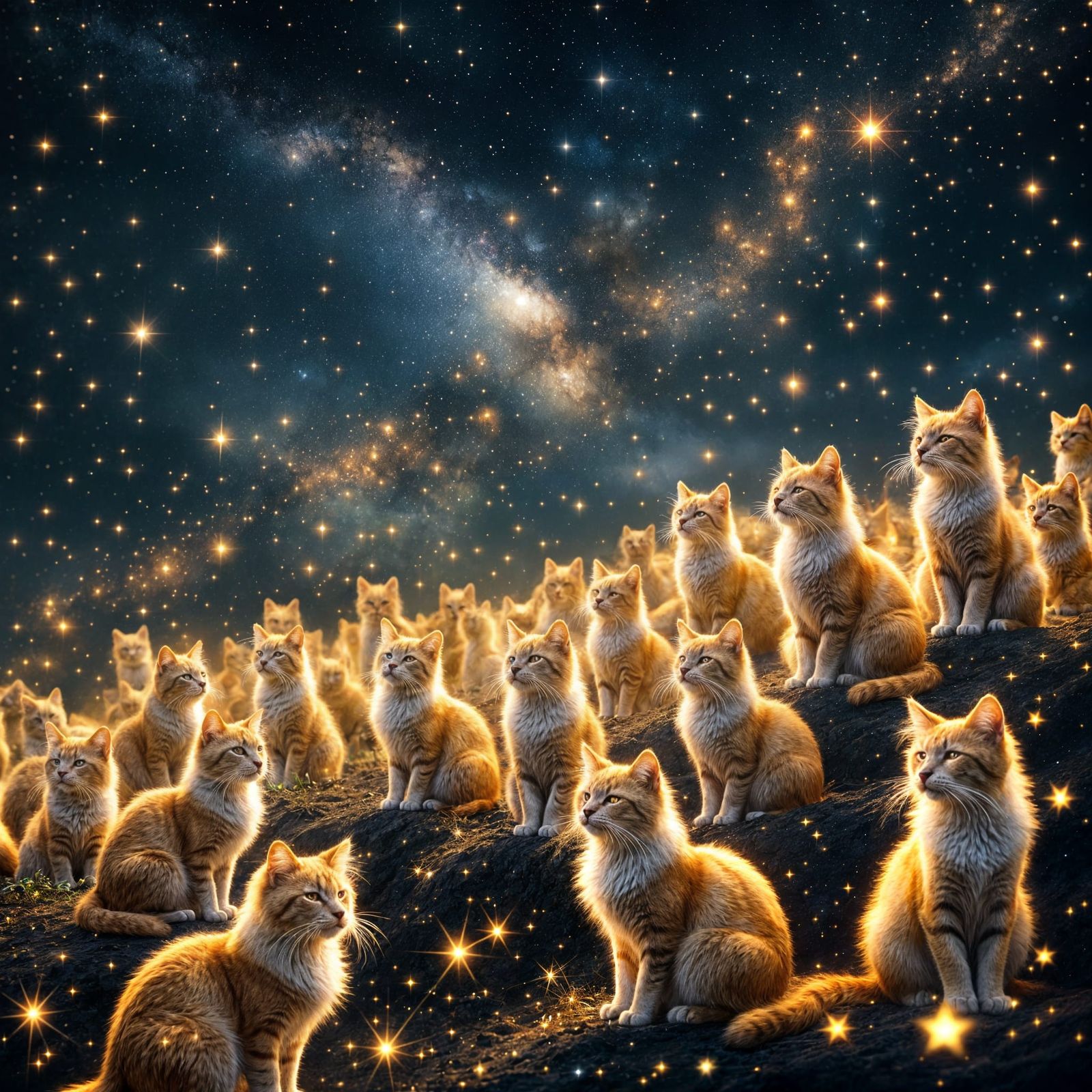 Golden Felines Adorn a Starry Night Sky