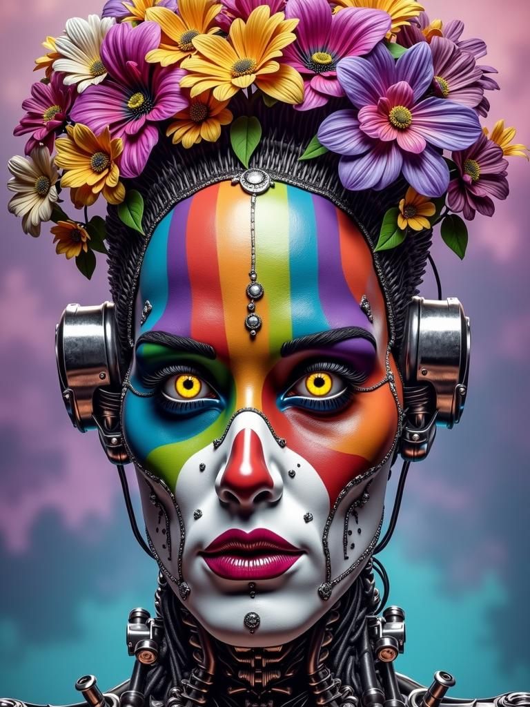Surreal Rainbow Clown Robot with Glowing Eyes
