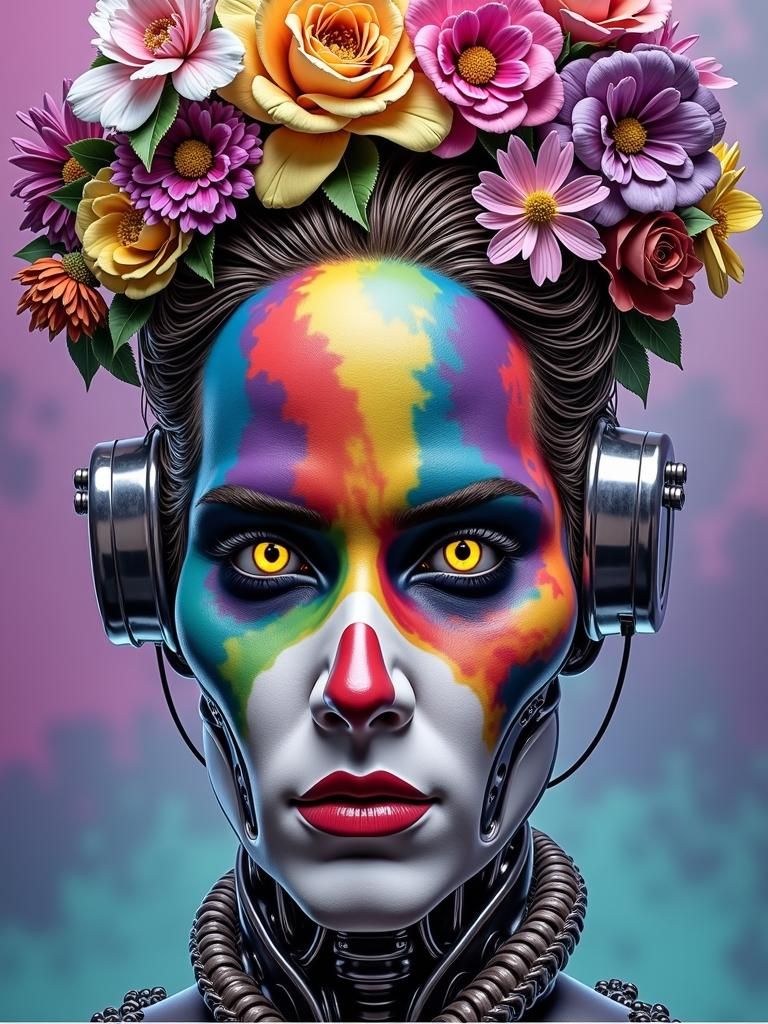 Surreal Rainbow Clown Robot with Glowing Eyes