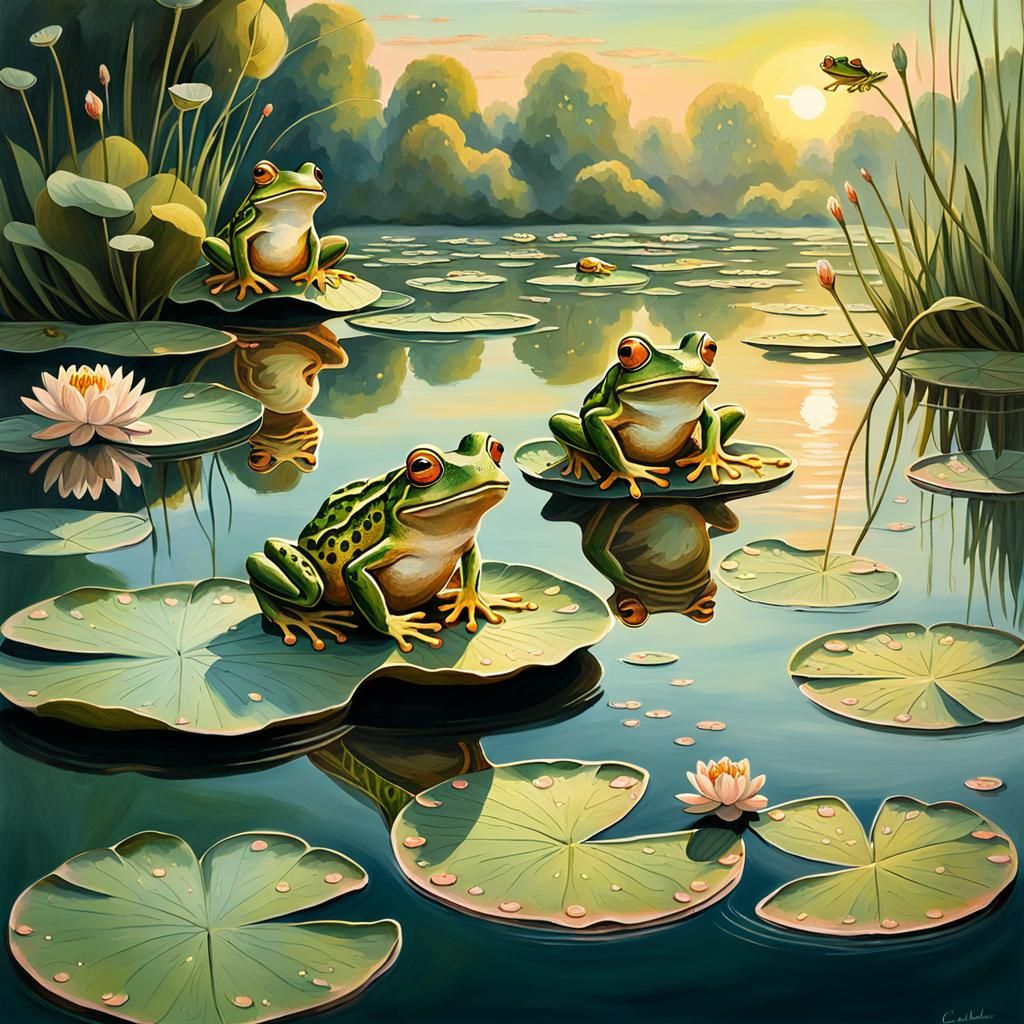 Frogs on Water Lilies in Impressionistic Landscape