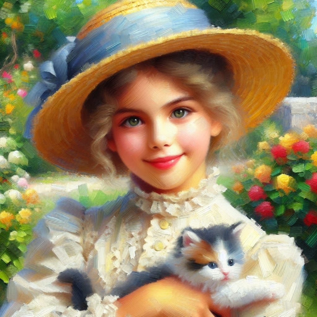 Girl with Kitten in Impressionistic Oil Painting