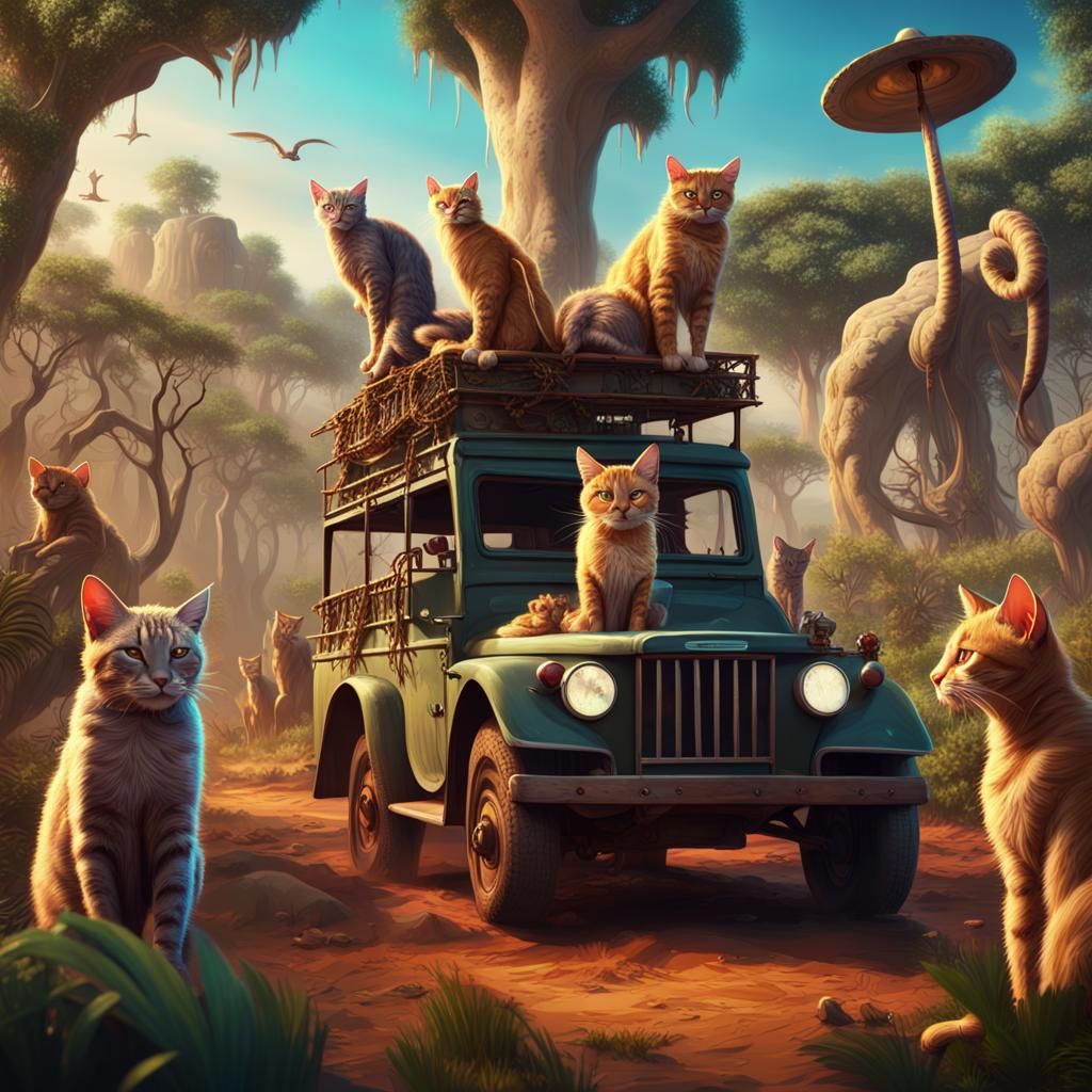 Cartoon Cats Safari Party in Detailed Digital Painting