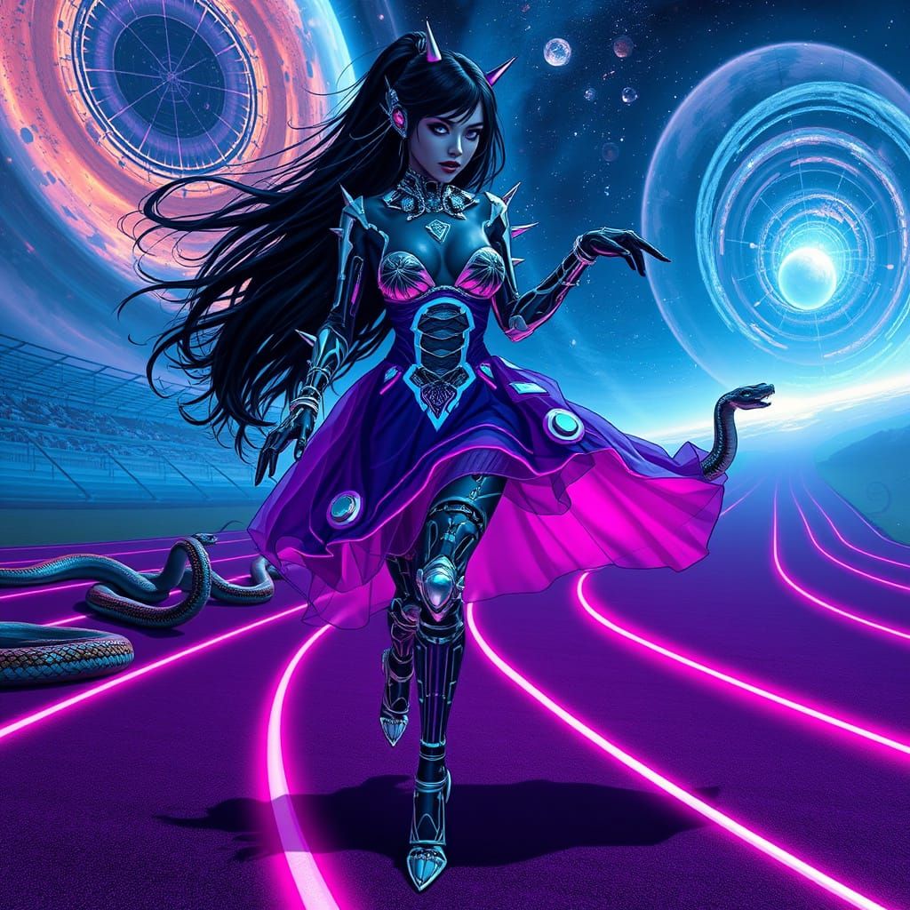 Biomechanical Woman Dancing in Cosmic Neon Landscape