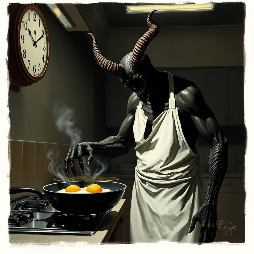 Gothic Demon Cooks Breakfast in Dark Kitchen