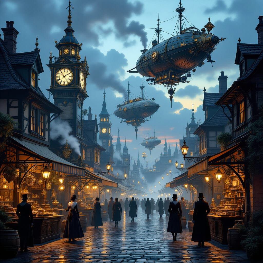 Steampunk Marketplace at Dusk with Airships and Automatons