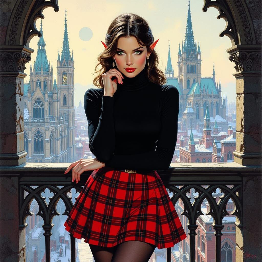 Elf on Gothic Balcony in Fantasy Oil Painting
