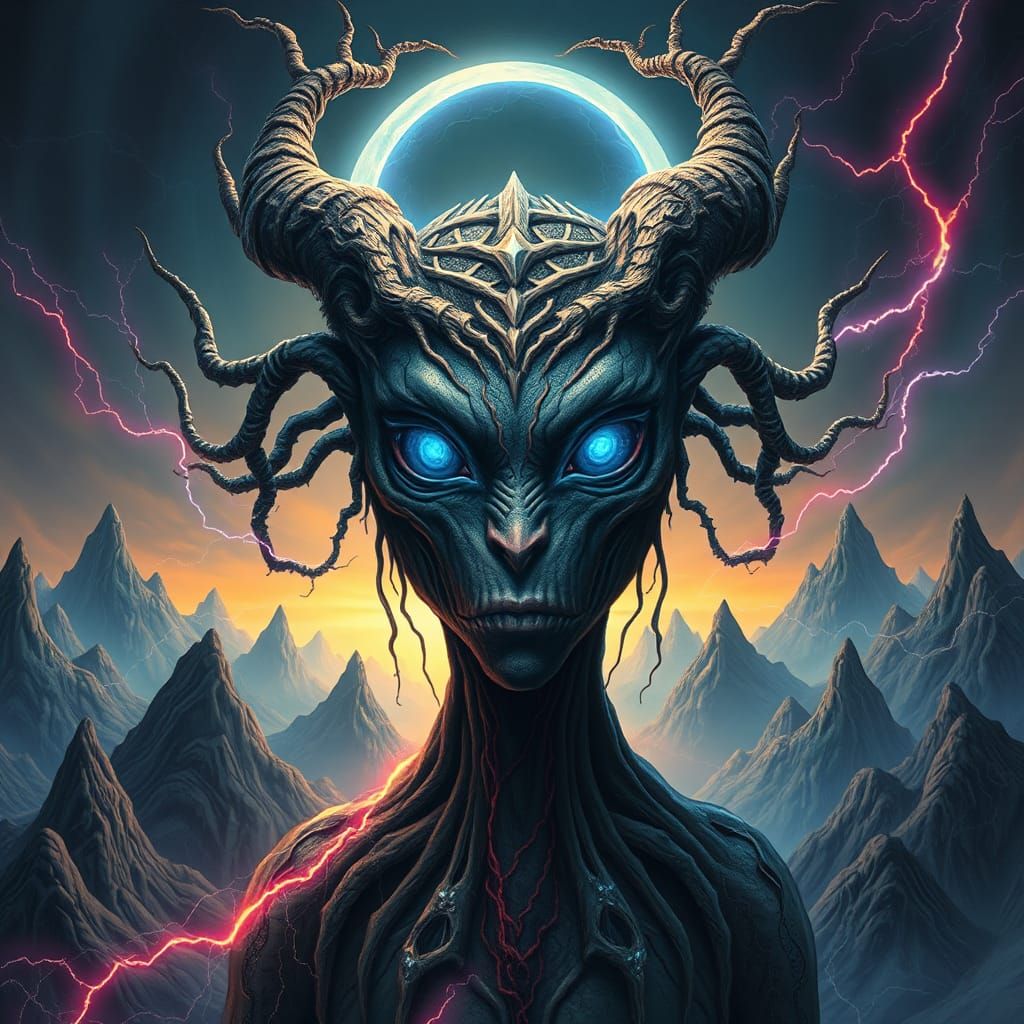 a webbed face with twisted webbed horns, piercing blue eyes, a half circular top to the head, lower face is narrow raise...