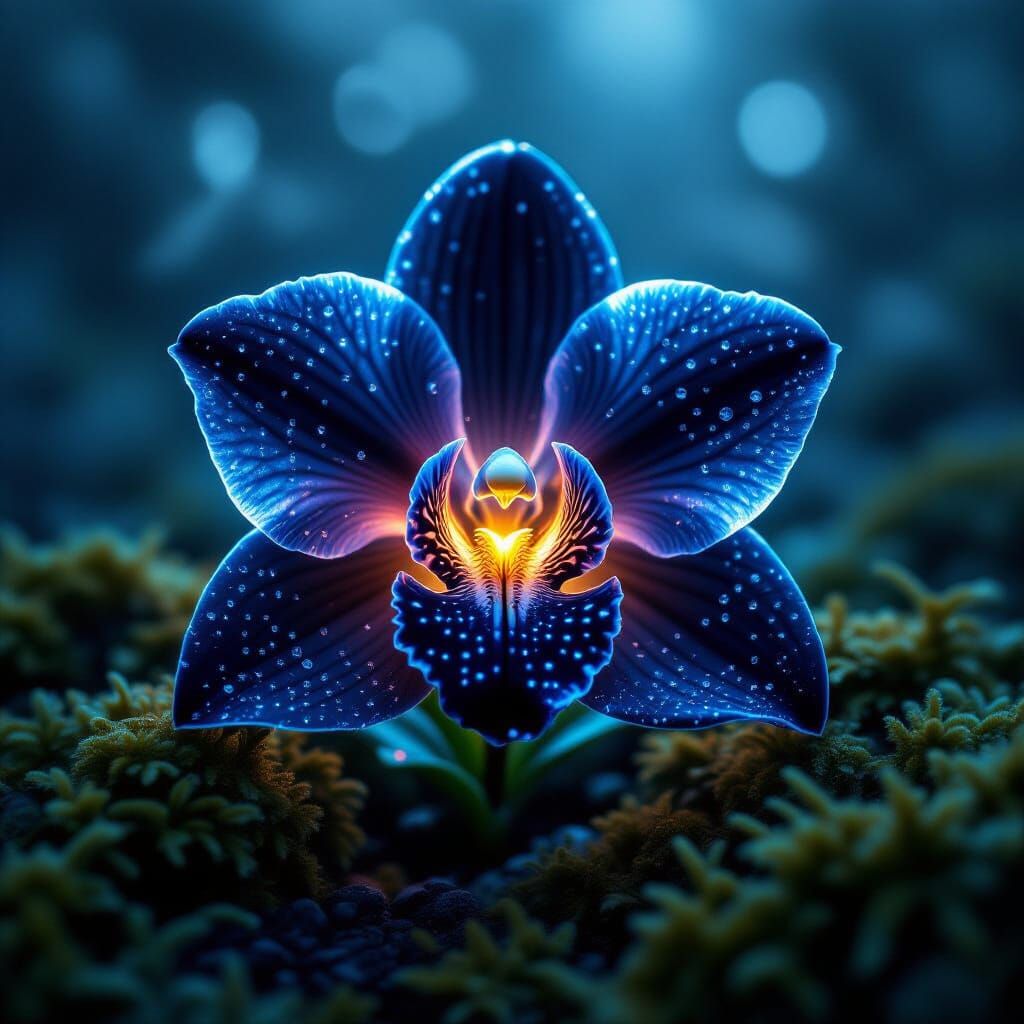 Glowing Black Orchid Macro in Surreal Fog