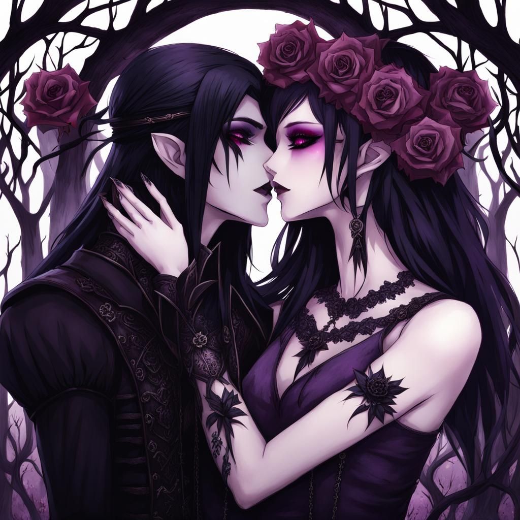 Gothic Anime Elves Kissing in Dark Woods