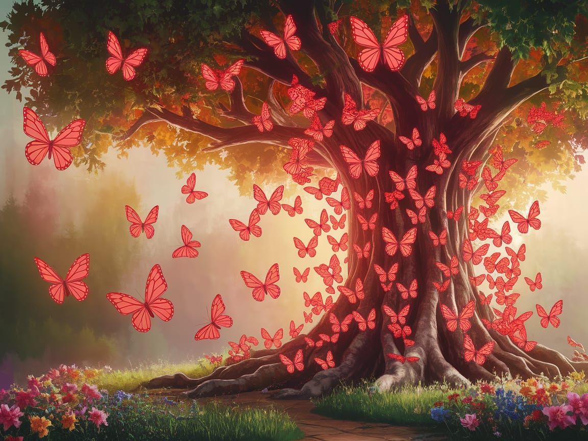 Magical Red Butterfly Tree in Vibrant Fantasy Landscape