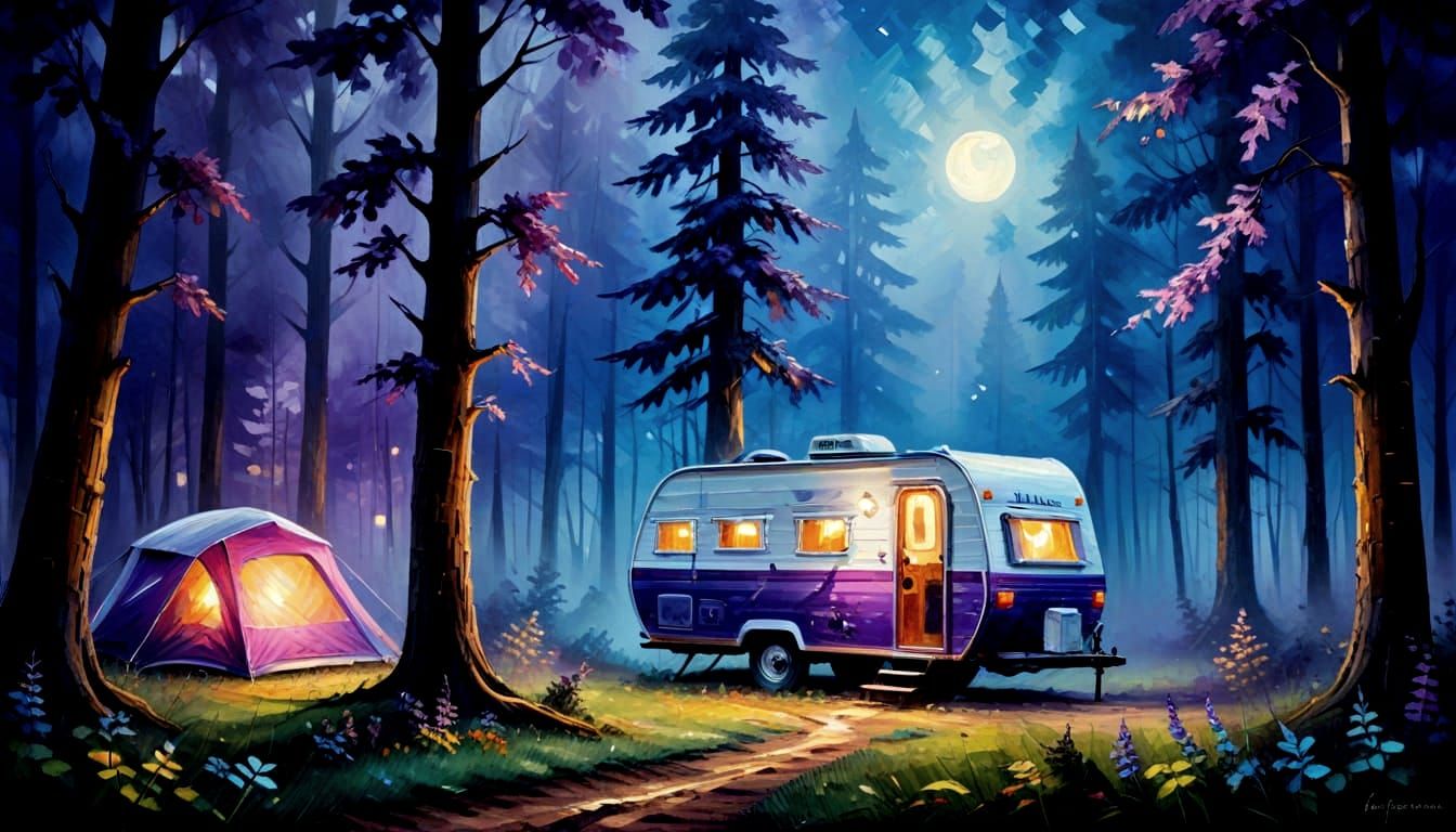 Magical Forest Camping Scene in Oil Painting Style
