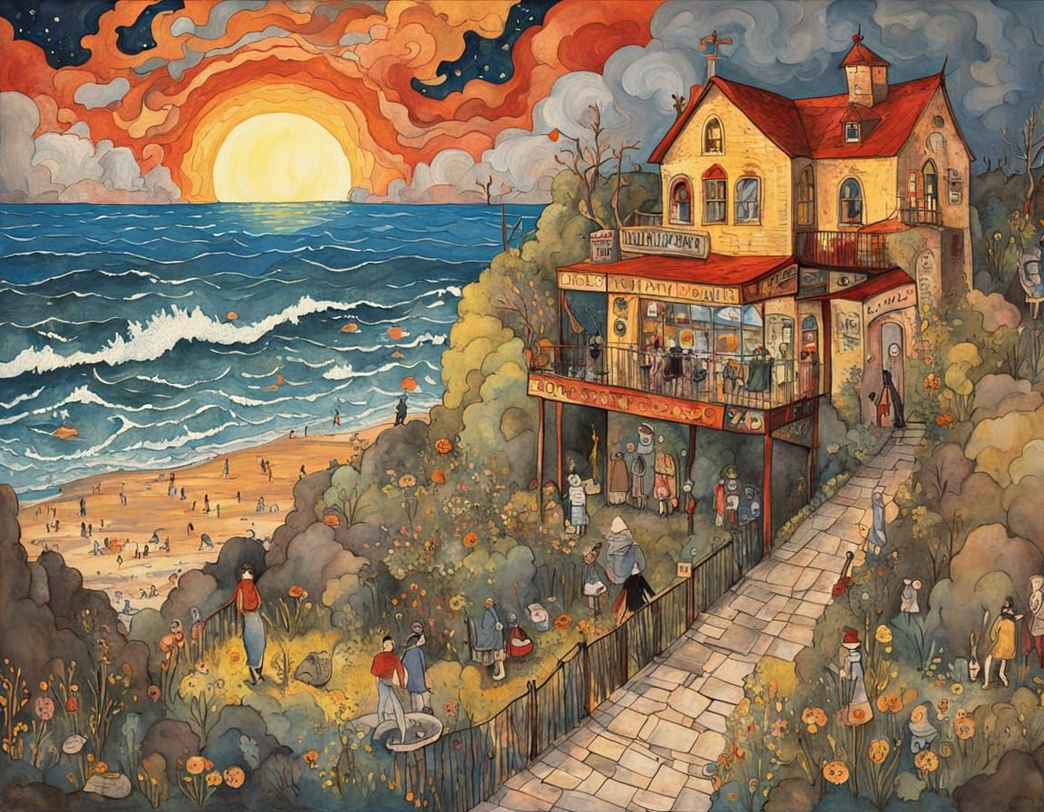 Coastal Town Sunset Cafe with Geometric Abstract Style