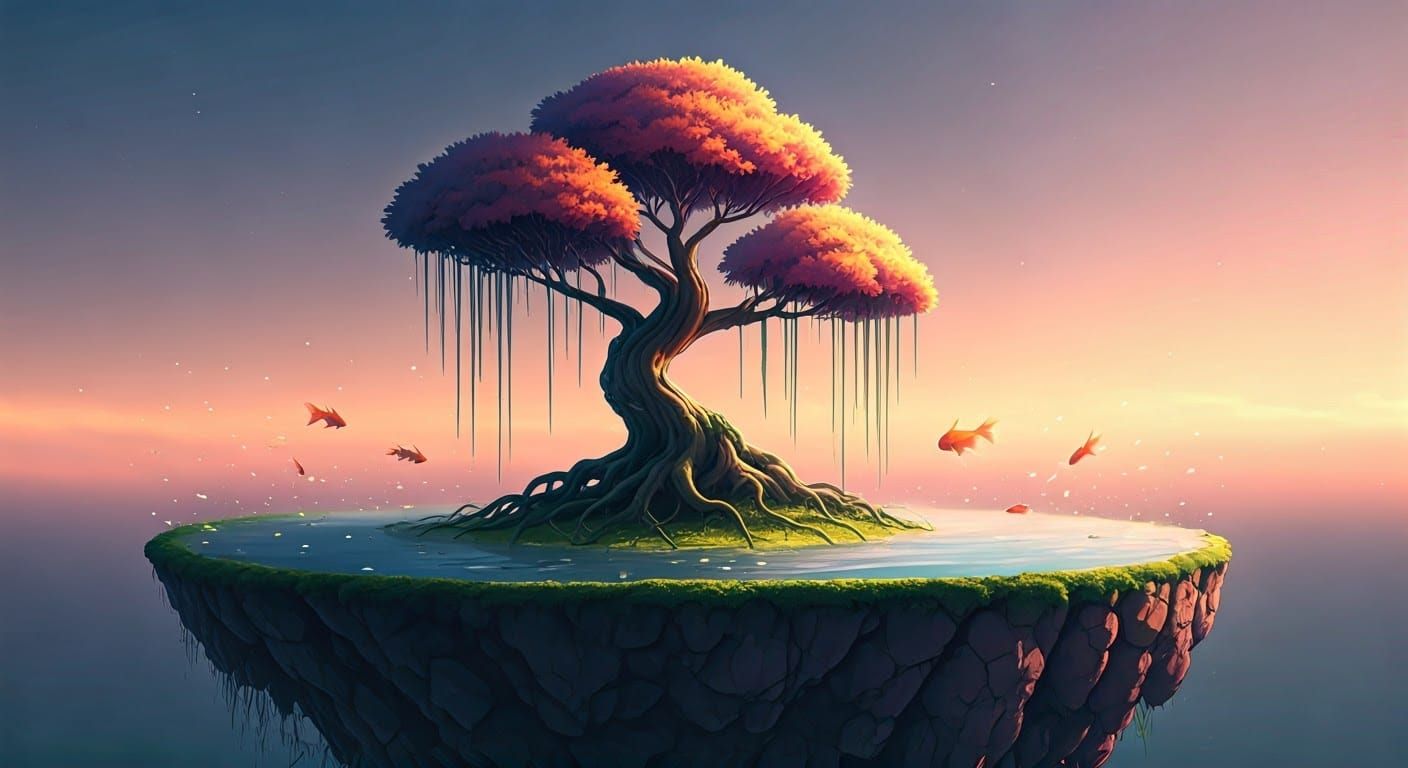 Floating Island with Iridescent Fish: Dreamlike Scene