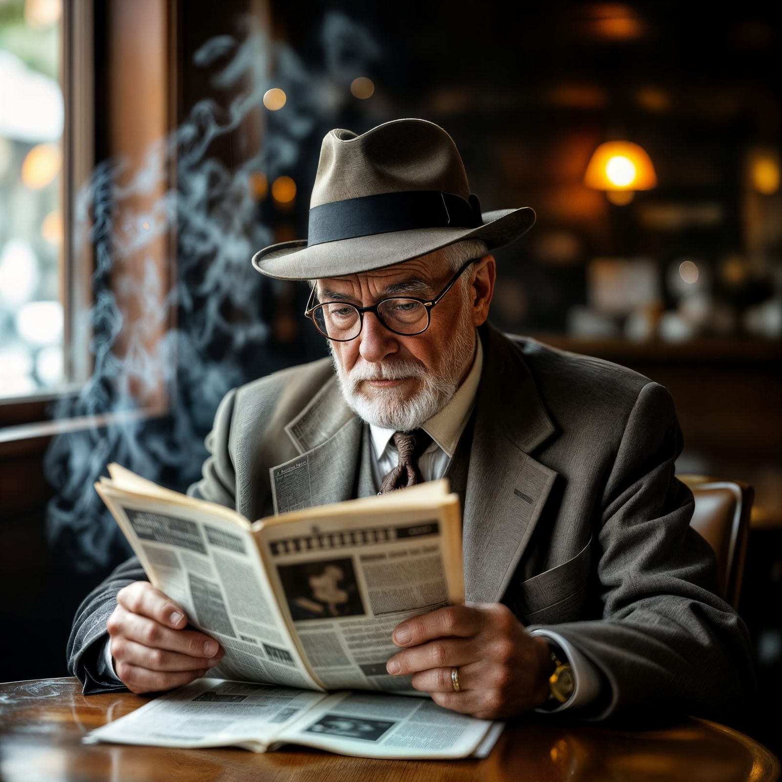 Man Reading Newspaper in 1950s Cafe
