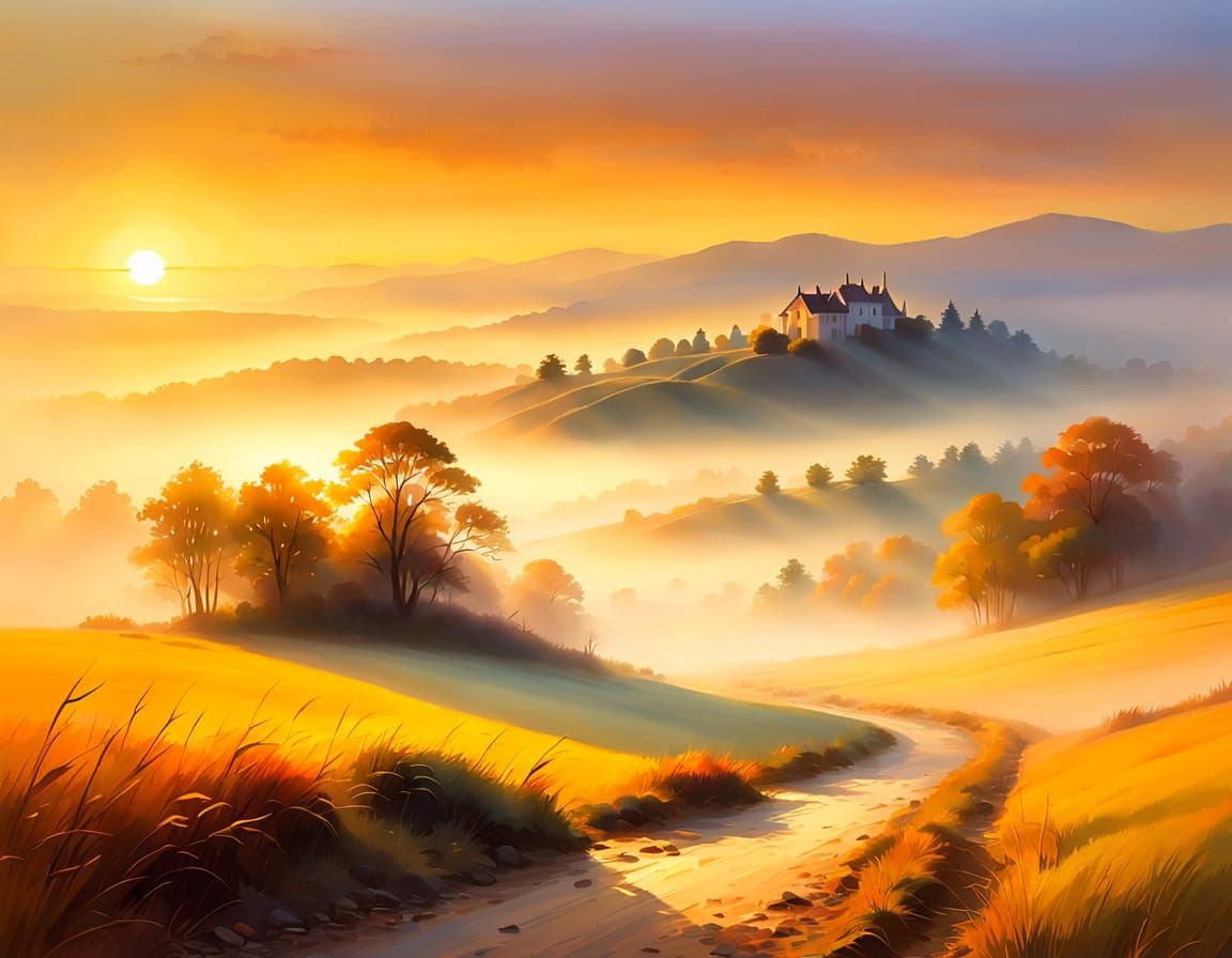Ethereal Sunrise Landscape in Post-Impressionist Watercolor