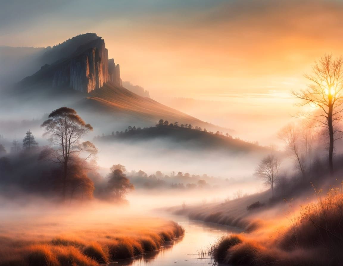 Ethereal Sunrise Landscape in Post-Impressionist Watercolour