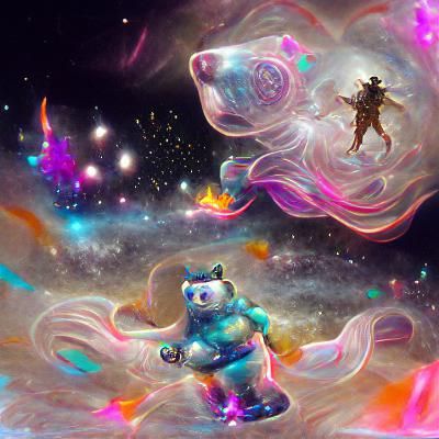 Magical Space Bear with Jetpack in Holographic Cosmos