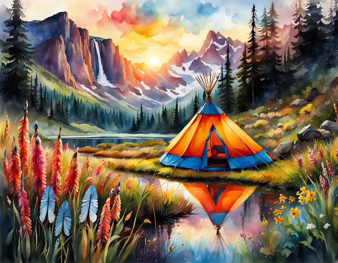 Native American Powwow Meadowscape in Watercolor Style