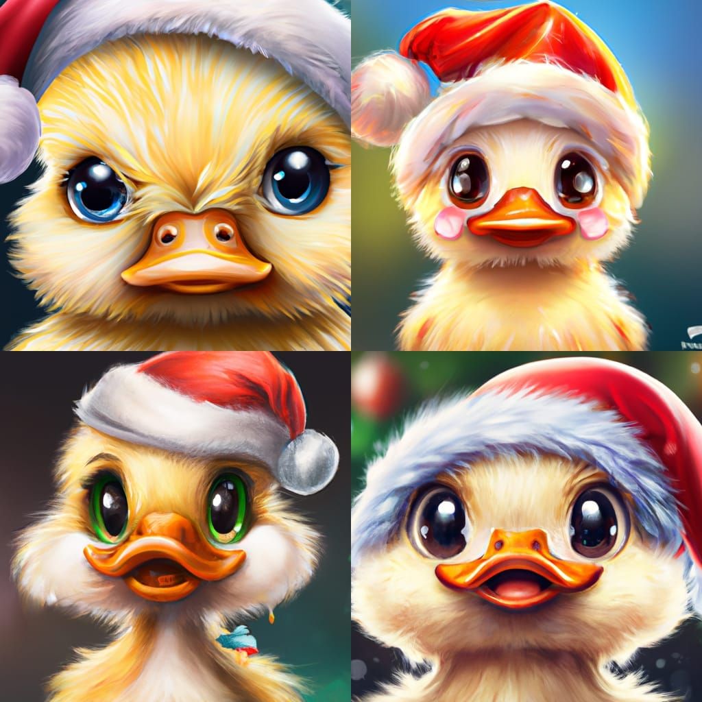 Cute Cartoon Duck in Christmas Hat, Digital Art