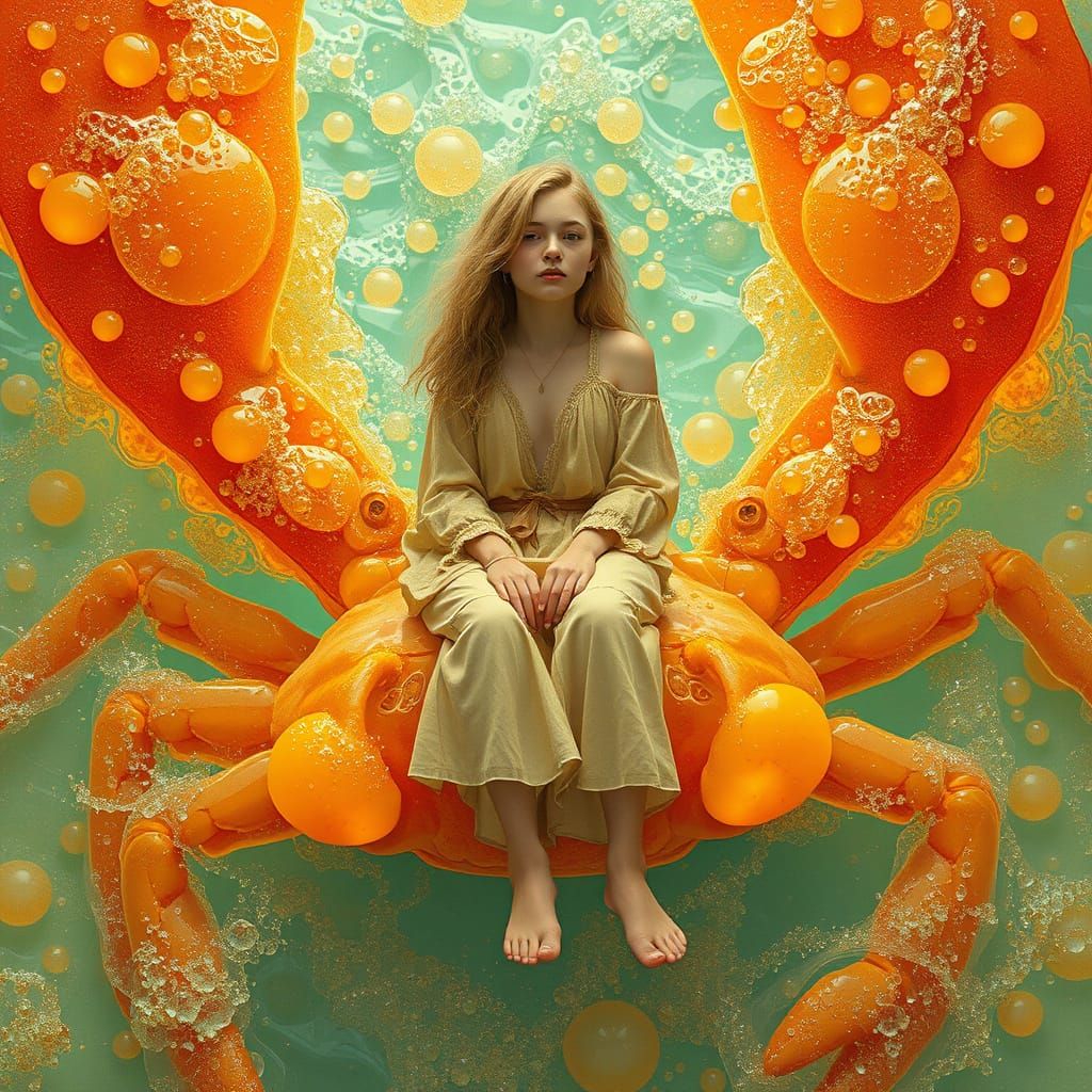 Woman on Gummy Crab in Soda Ocean: Dreamlike Art