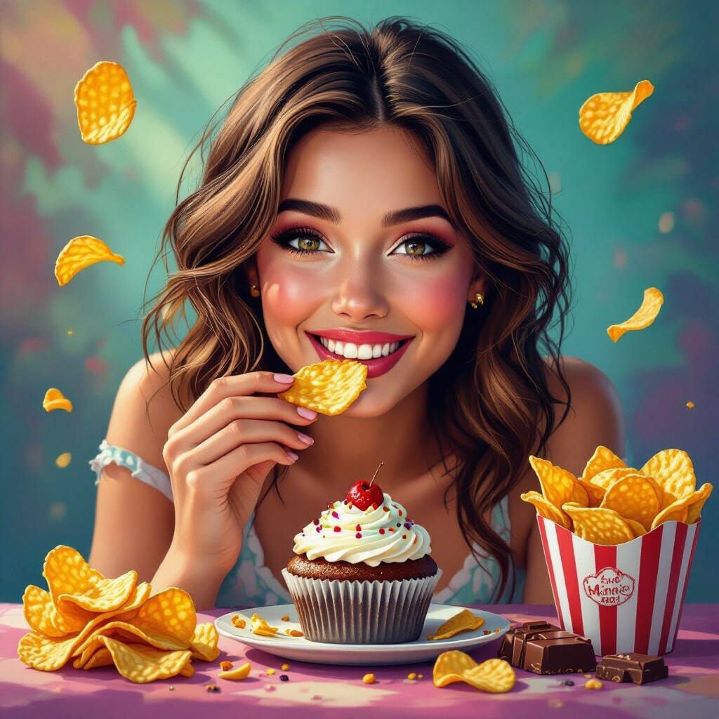 Hyperrealistic Woman Surrounded by Sweet Treats