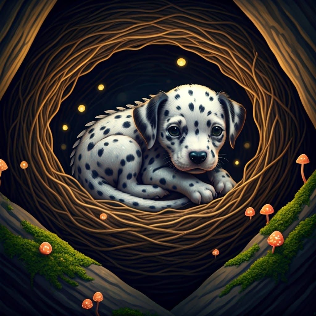 Dalmatian Dragon Puppy in Mystical Cavern, Photorealistic
