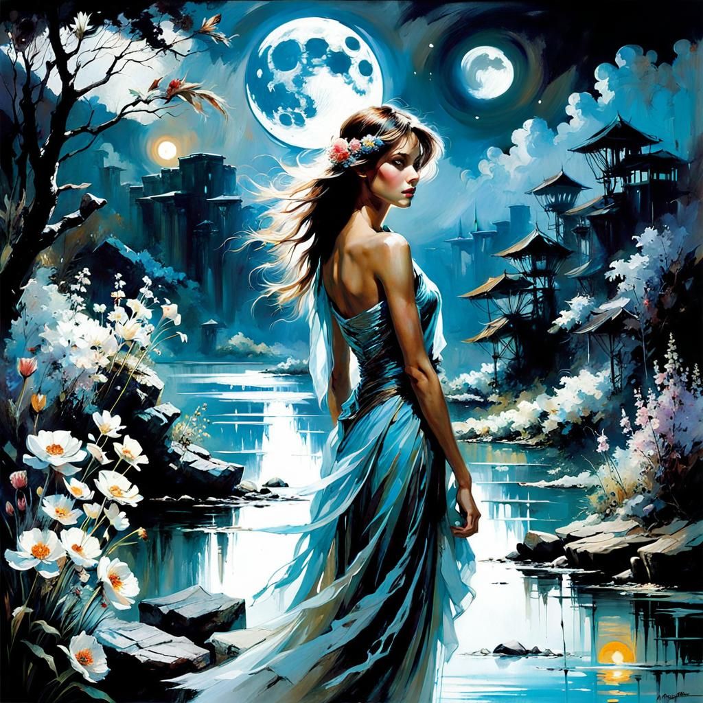 Moonlit River Landscape in Watercolor Style