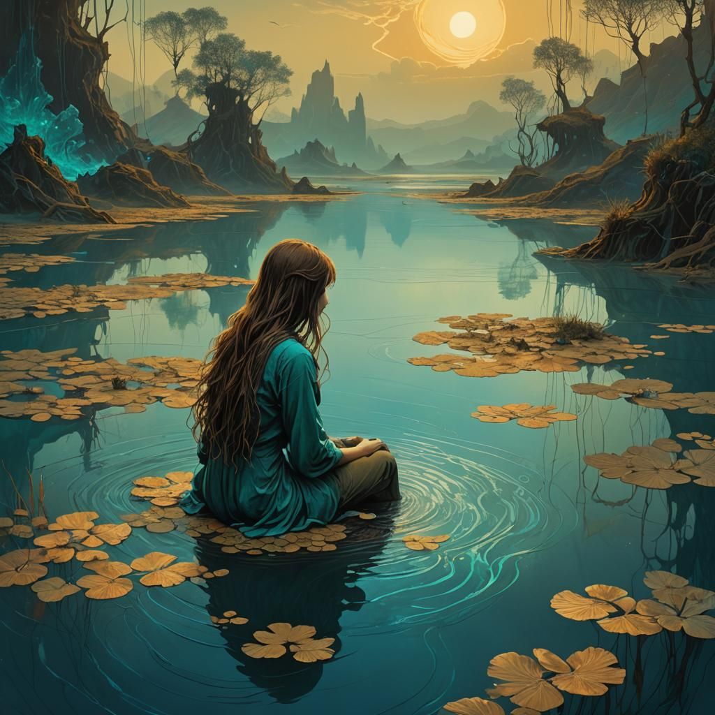 Woman by Pond in Fantasy Realism Style