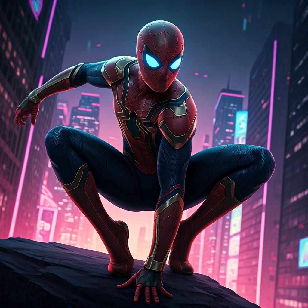 Cyberpunk Spider-Man Posing in Neon Dystopian Cityscape