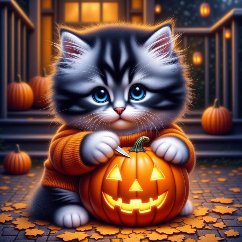 Fluffy Kitten Carving a Jack O'Lantern