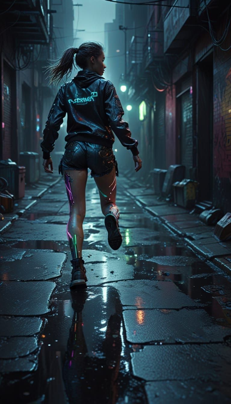 Trashpunk Girl Runs Through Neotropolis in Cinematic Still