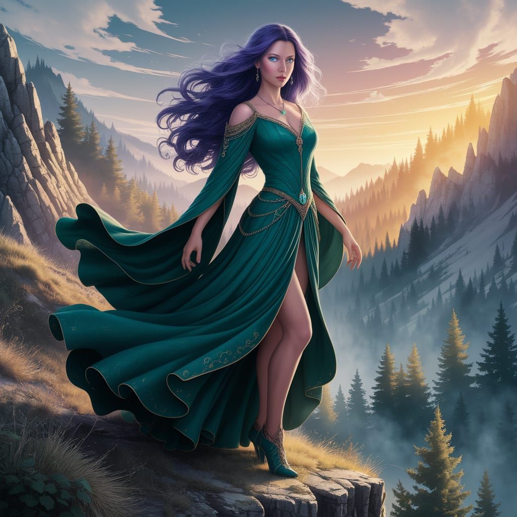Enchanting Wizardess in Emerald Robes on Mountainside