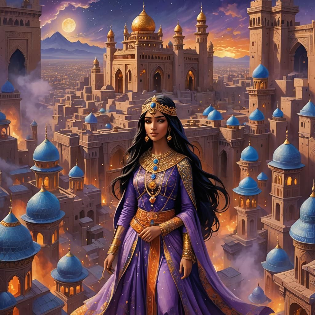 Arab Princess Overlooking Arabian Nights Cityscape